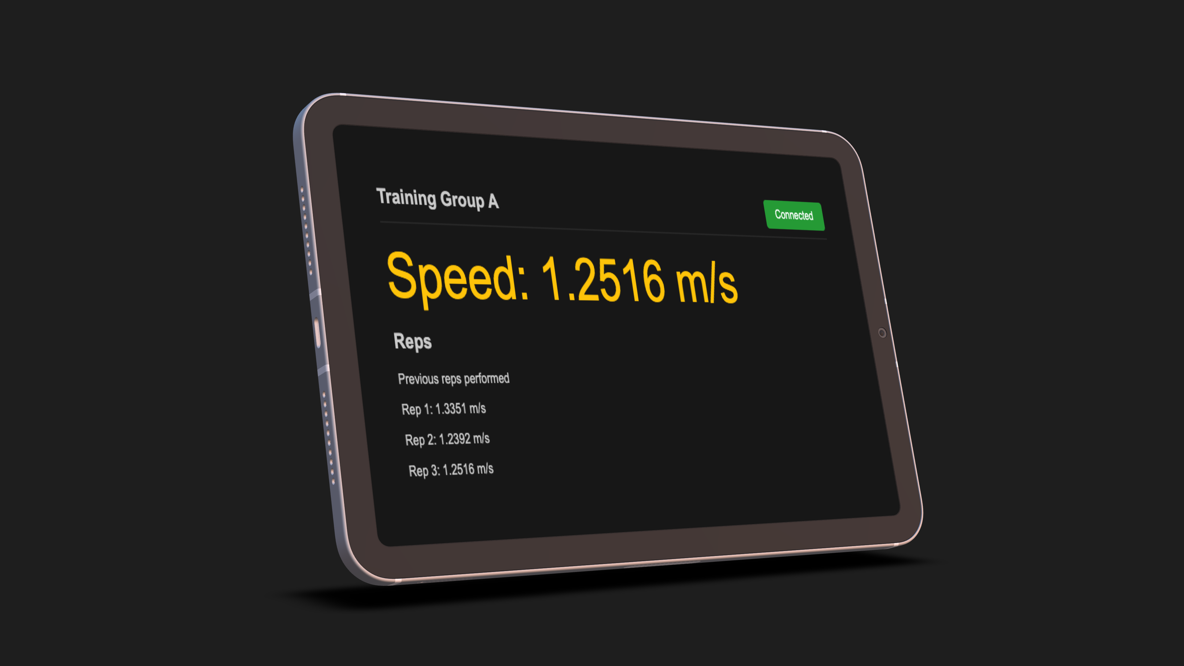 Bluetooth-enabled velocity training device showing real-time barbell speed measurement